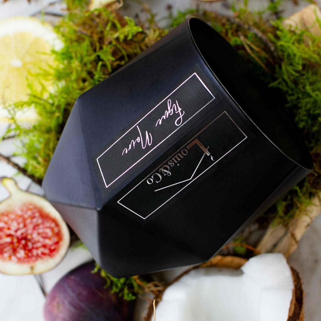 Rich and earthy, our Figue Noire candle (translates to Black Fig) takes you on a journey across Mediterranean's fig tree fields. A luxury scent, elegant, delicate and sophisticated, presented in a beautiful geometric matt black jar with a wooden wick, thus makes for the perfect present (for yourself too!).